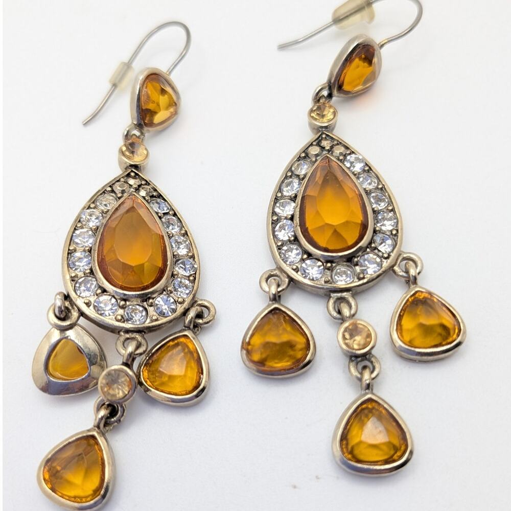 Silver Tone Orange Teardrop Rhinestone Chandelier Dangle Statement Earrings 2.5
